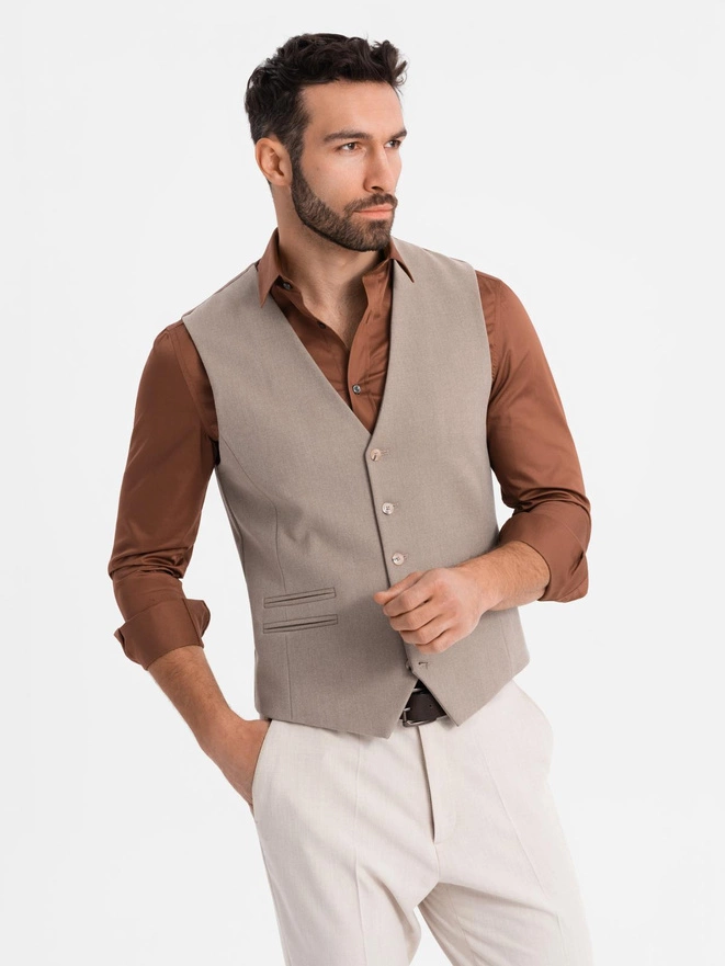 Men's suit vest with classic detailing and lining - beige V1 OM-BLZV-0142