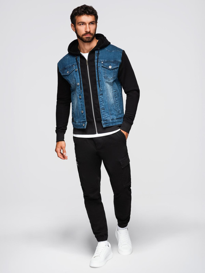 Męska kurtka jeansowa z dzianinowymi rękawami i kapturem – niebiesko-czarna V2 OM-JADJ-0220
