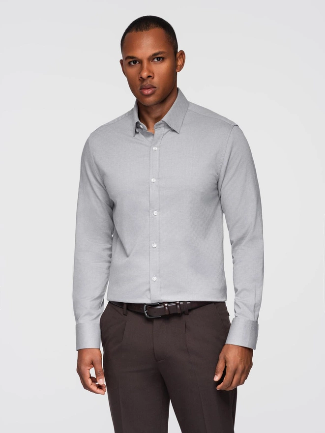Męska koszula SLIM FIT z ozdobnej tkaniny – szara V2 OM-SHCS-0175