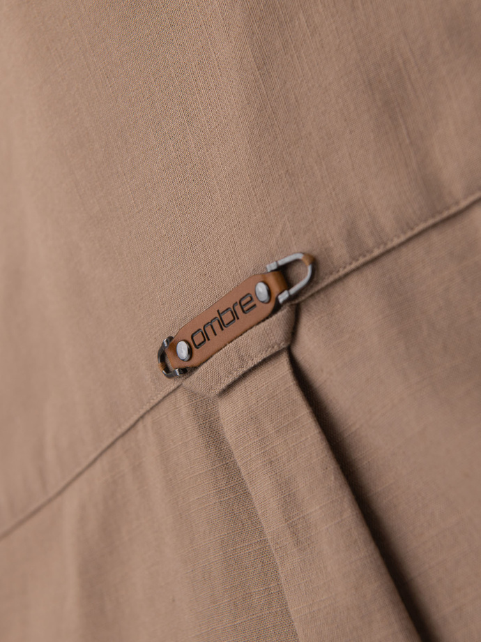 Men's linen shirt with classic collar and pockets REGULAR FIT - light brown V7 OM-SHCS-0134