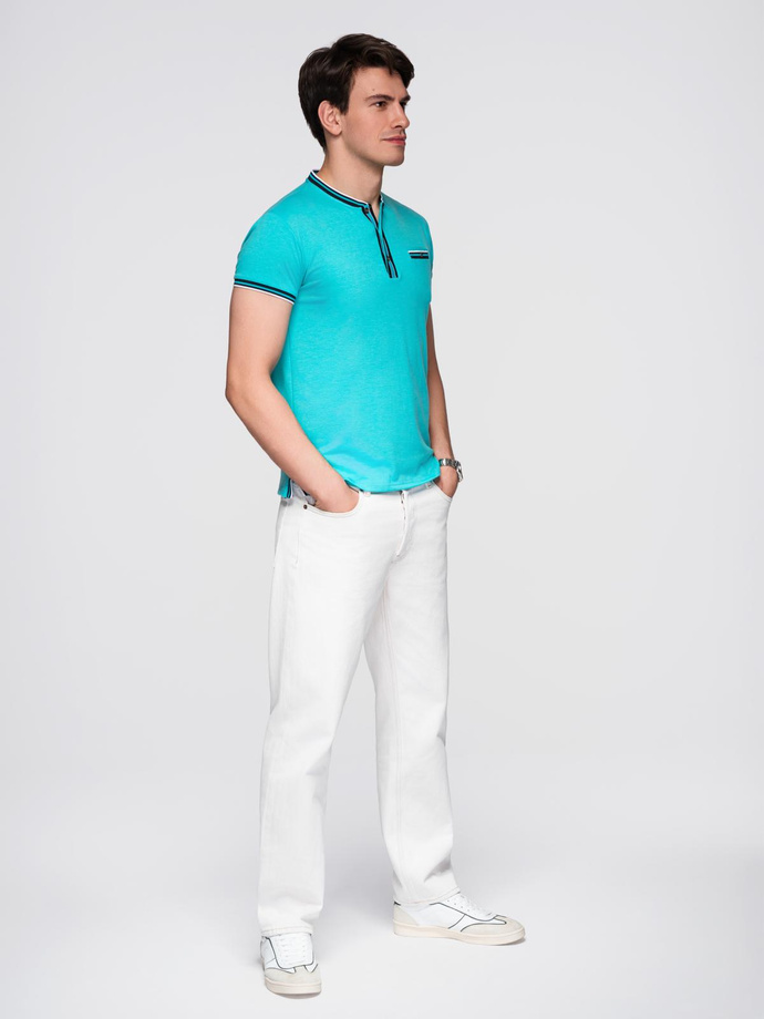Men's henley t-shirt with decorative ribbing - turquoise V7 OM-TSCT-0175