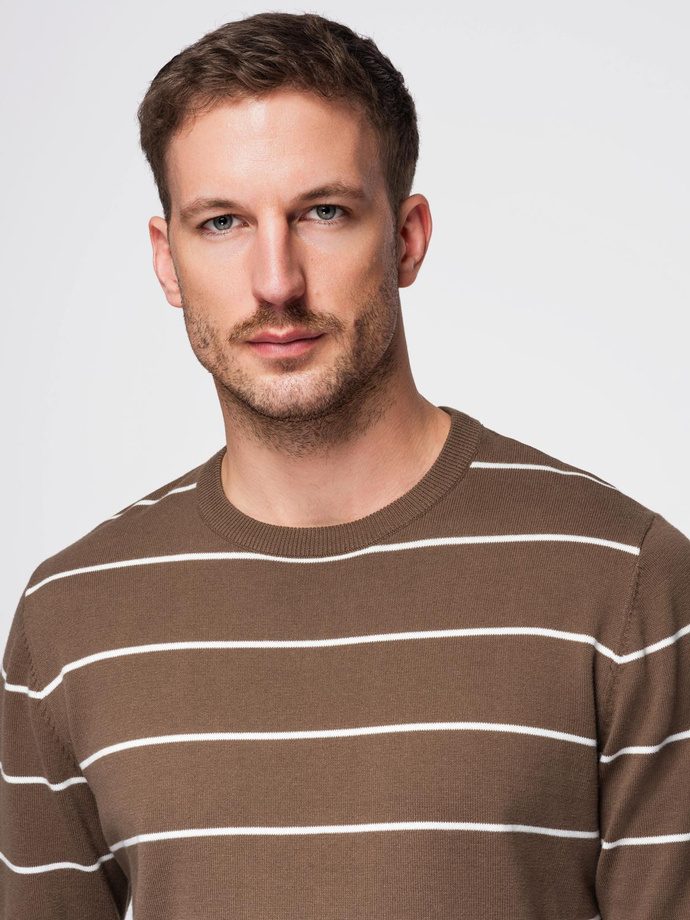Men's casual sweater with horizontal stripes - brown V3 OM-SWSW-0143