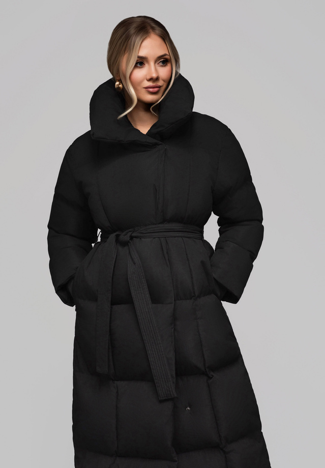 Women's quilted long jacket with belt OW-JALJ-0104 v1 - black