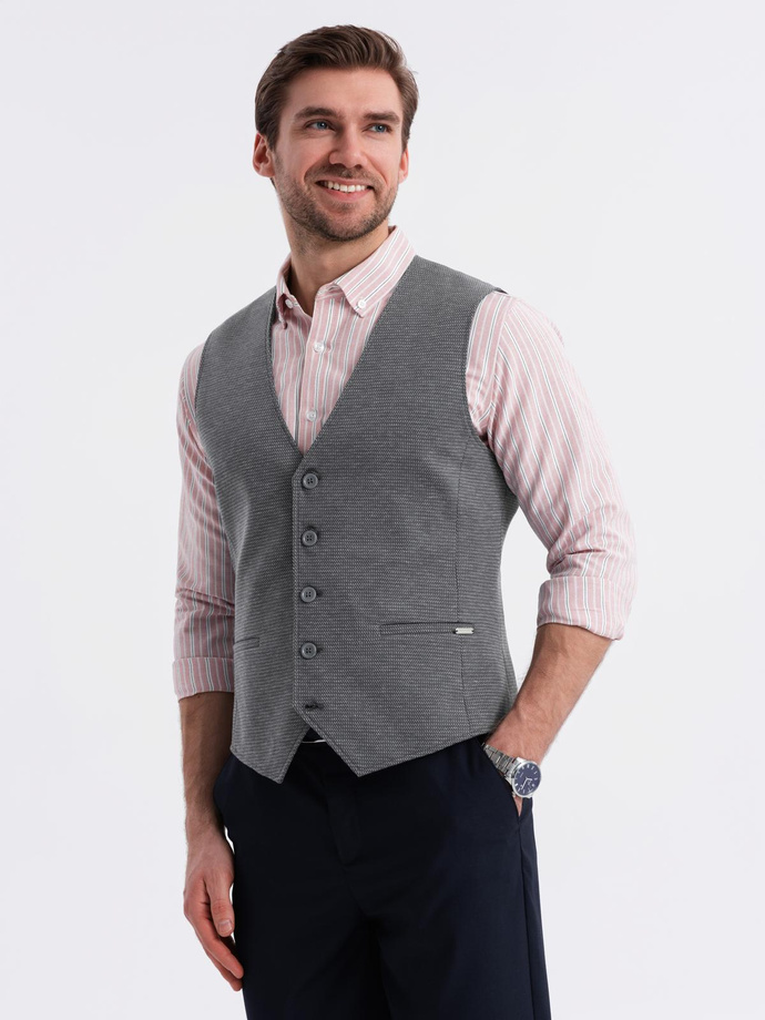 Fitted elegant men's structured knit vest - graphite V3 OM-BLZV-0147