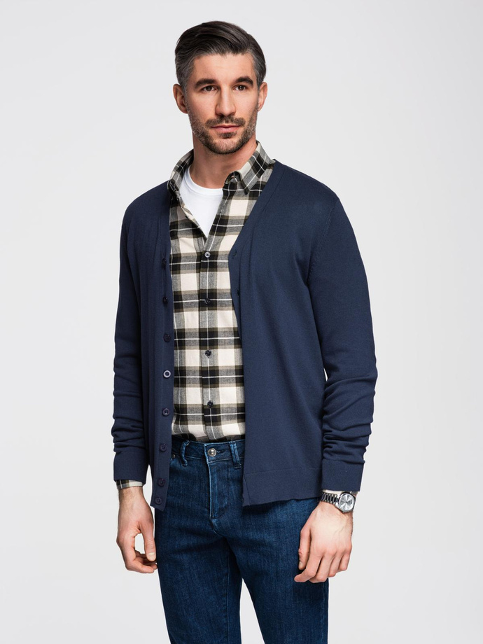 Knitted monochrome men's viscose cardigan - navy blue V1 OM-SWCD-0126