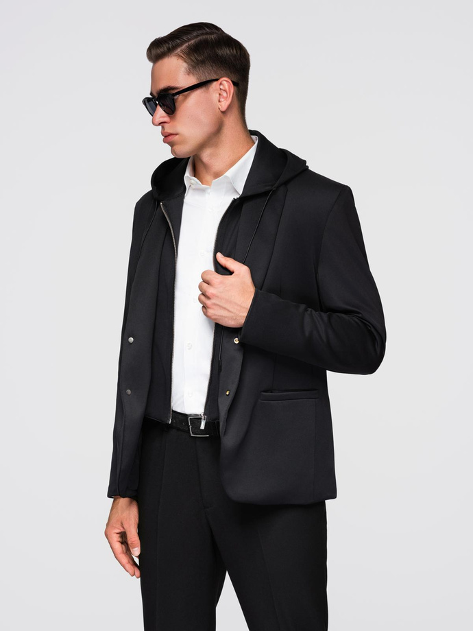 Men's blazer with detachable underlining and hood - black V1 OM-BLZB-0126