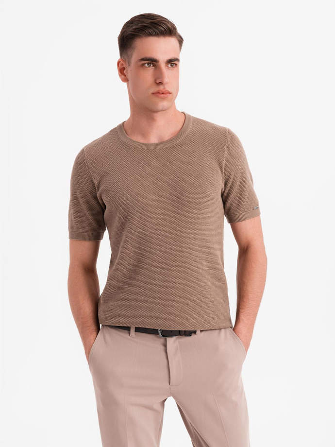 Men's fine-textured knit shirt - light brown V2 OM-TSCT-0244