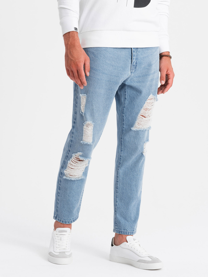 Men's TAPERED FIT denim pants with holes - light blue V1 OM-PADP-0175