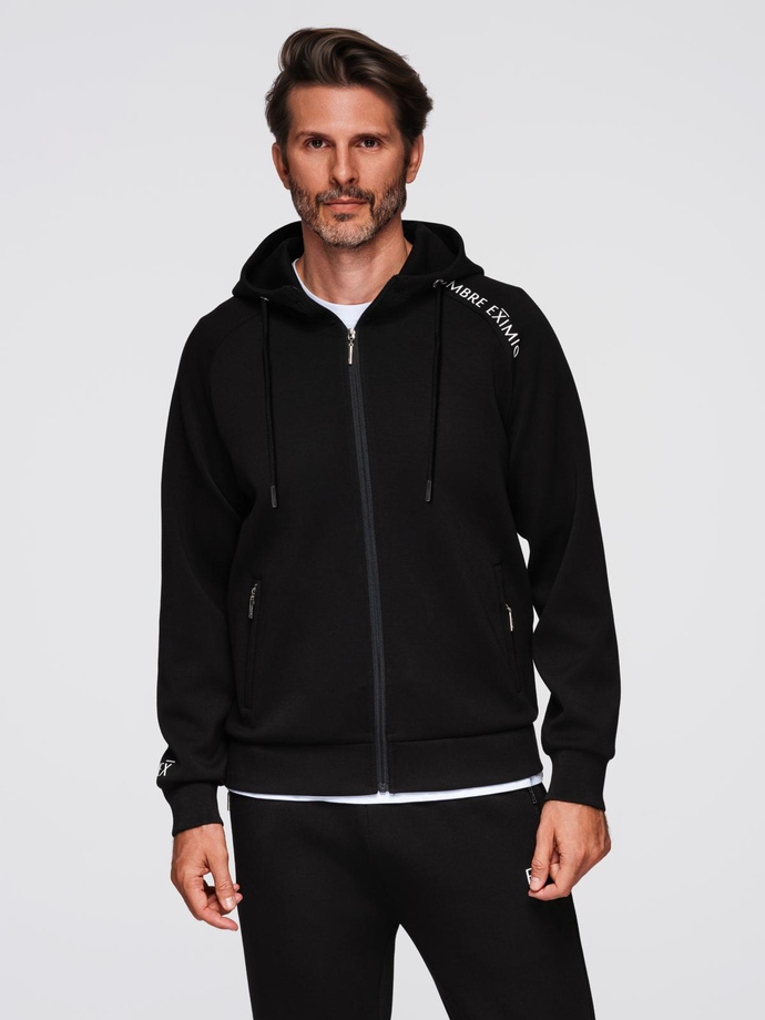 Unbuttoned men's sweatshirt with stand-up collar and hood - black V1 OM-SSZP-0216