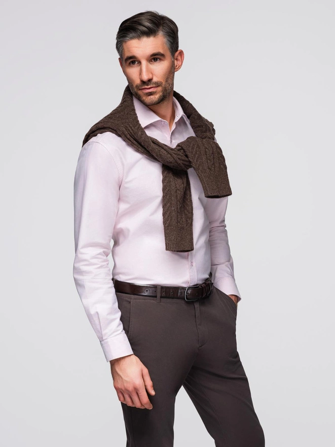 Bawełniana pastelowa męska koszula typu oxford – jasnoróżowa V1 OM-SHOS-0183