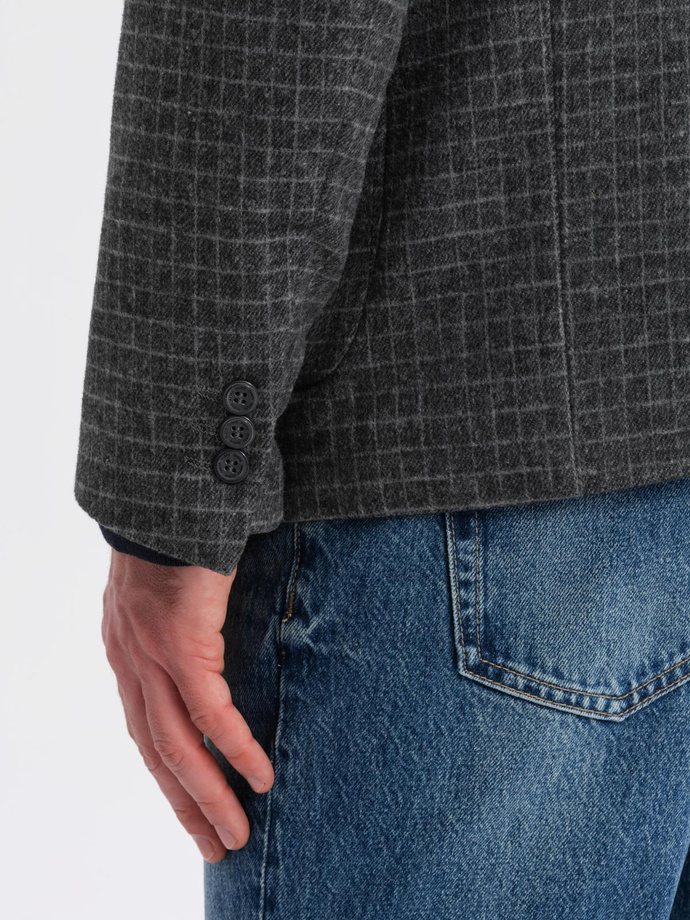 Męska marynarka w kratę z dodatkiem wełny - grafitowa V2 OM-BLZB-0117