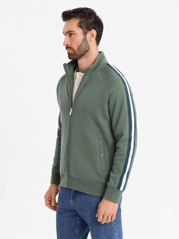 Męska bluza dresowa z wysokim kołnierzem i lampasami – oliwkowa V2 OM-SSZP-0219