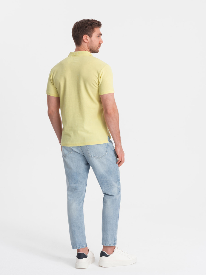 Jednokolorowa koszulka polo męska BASIC z dzianiny pique - żółta V15 OM-POBS-0100