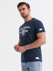 Men's cotton t-shirt with college style print - navy blue V3 OM-TSPT-0137