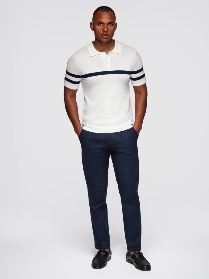 Koszulka męska polo z miękkiej dzianiny z kontrastowymi pasami - biała V1 OM-POSS-0118