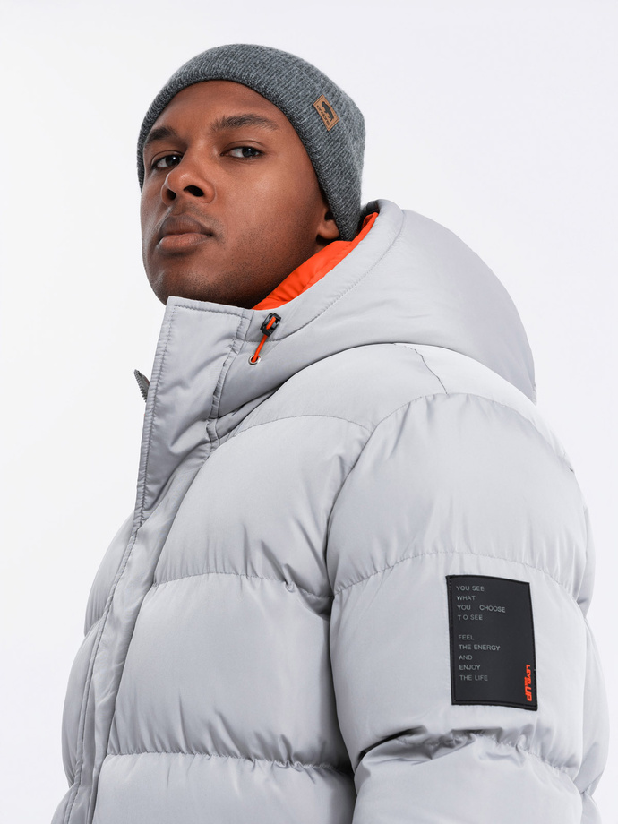 Sportowa ciepła męska kurtka z podwójnym kapturem – szara V3 OM-JAHP-0208