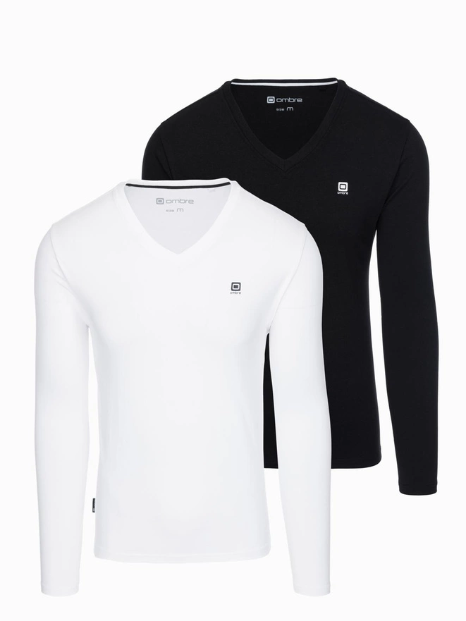 Komplet męskich longsleeve'ów SLIM FIT z dekoltem typu V i logotypem 2-pak – mix biały/czarny V2 Z103