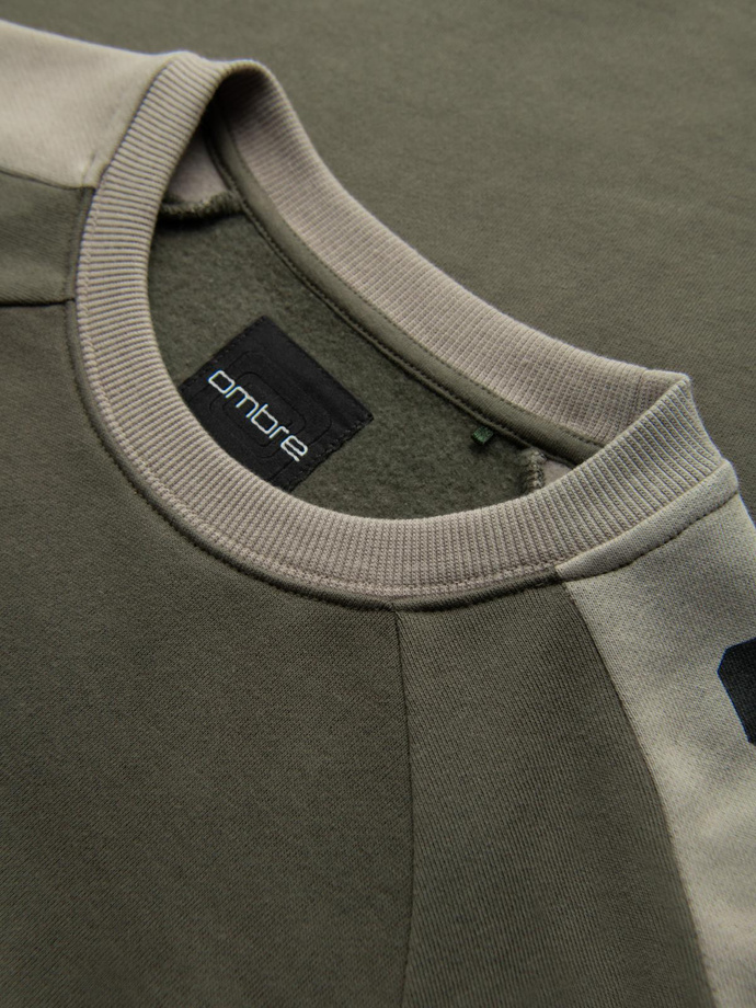 Men's sweatshirt with contrasting stripes and raglan sleeves - olive V1 OM-SSNZ-0200