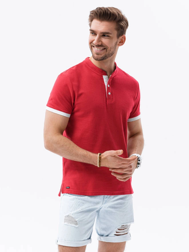 Men's collarless polo t-shirt - red V2 S1381