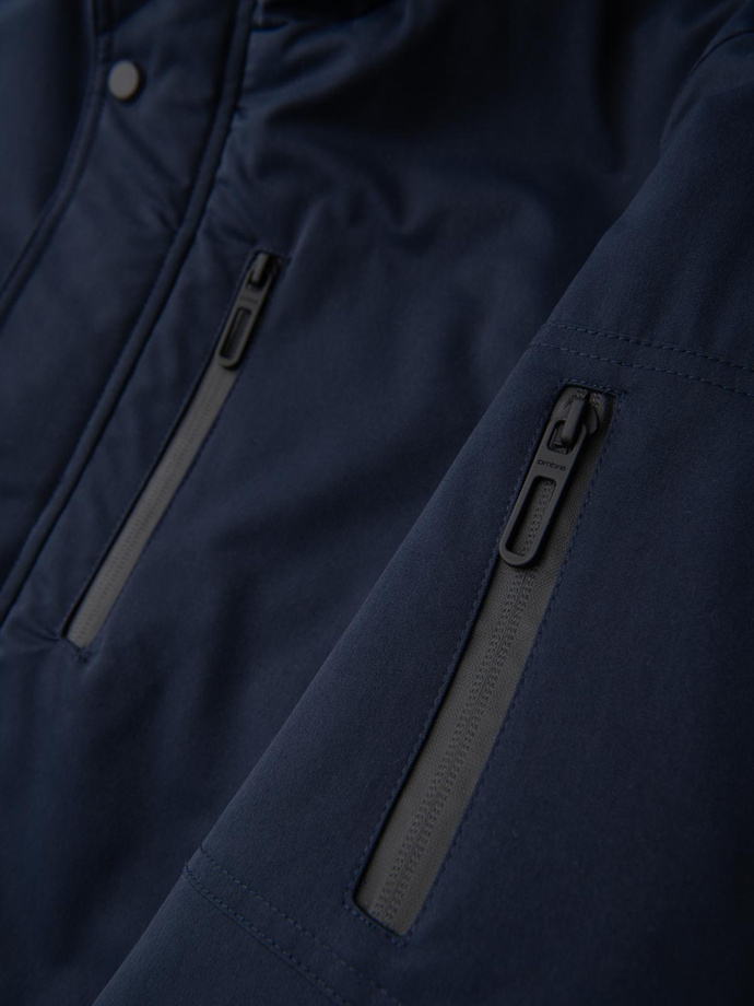 Men's long parka jacket with sheepskin - navy blue V2 OM-JAPJ-0316