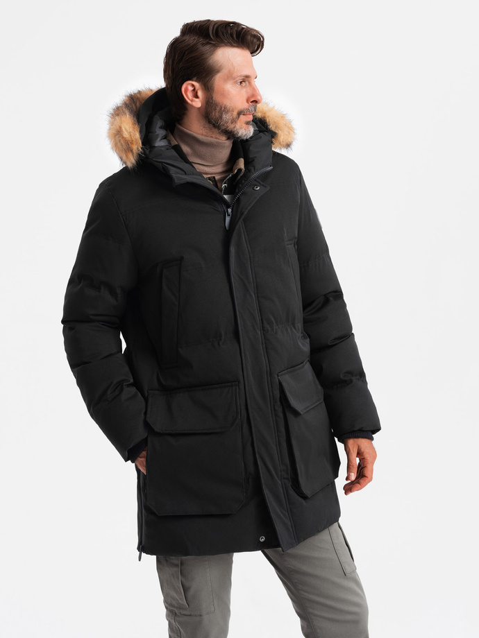 Men's insulated long parka jacket with flared bottom - black V3 OM-JALJ-0184