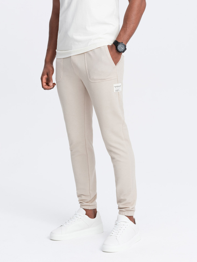 Men's structured knit sweatpants - light beige V1 OM-PASK-0211