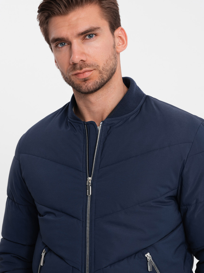 Men's quilted bomber jacket with metal zippers - navy blue V2 OM-JALP-0143