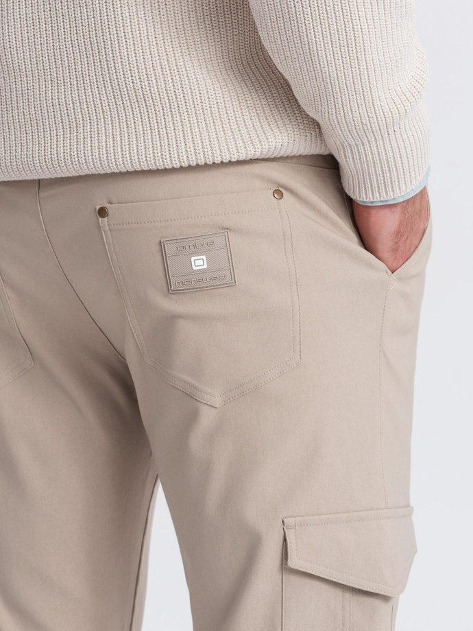 Men's REGULAR fabric pants with cargo pockets - beige V3 OM-PACG-0178