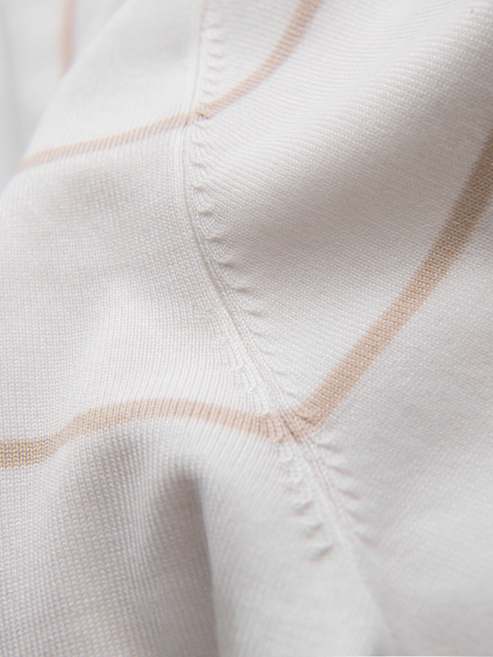 Koszulka polo męska w poziome paski z wiskozą – biało-beżowa V4 OM-POSS-0145