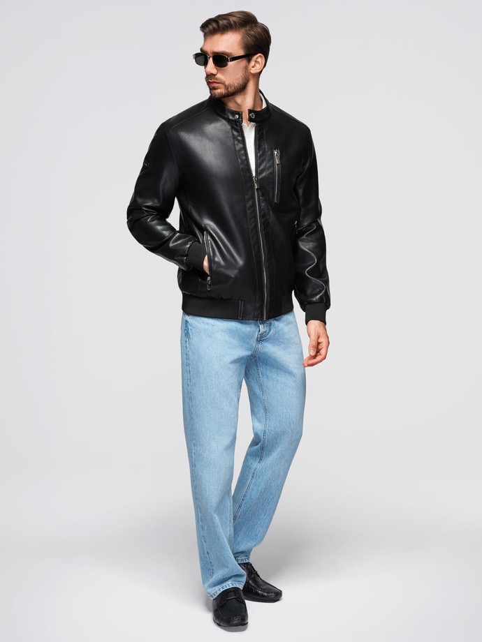 Men's faux leather jacket with ribbed bottom hem - black V2 OM-JAFL-0109