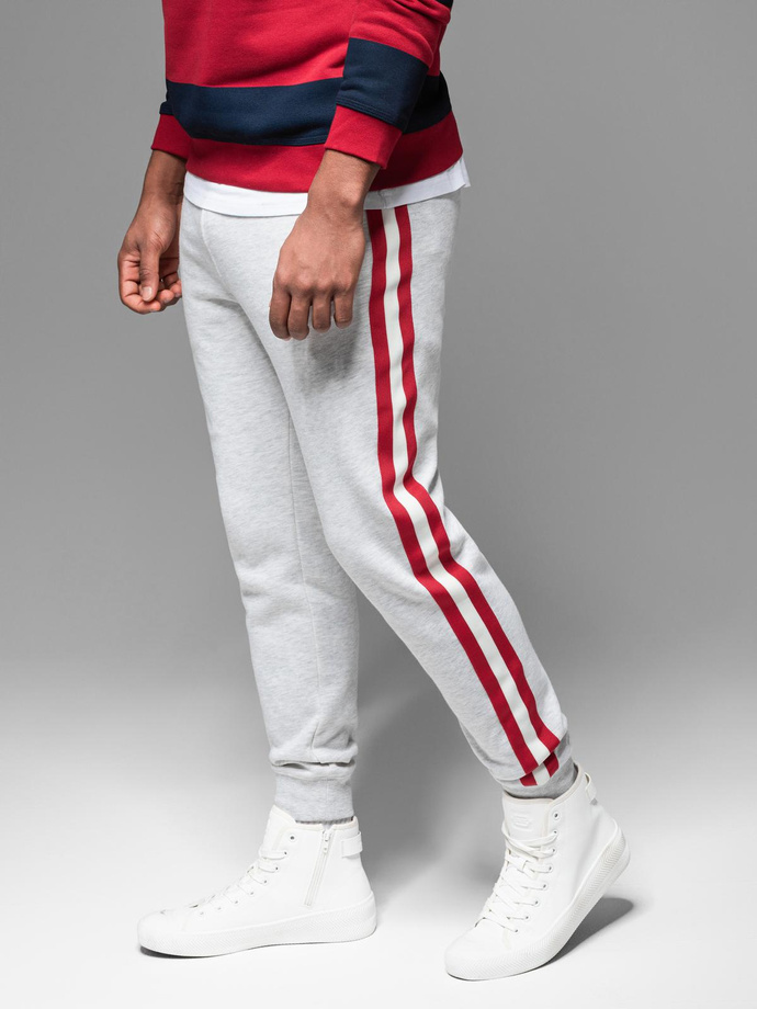 Men's sweatpants with piping and ribbing on legs - grey melange V1 OM-PASK-0258