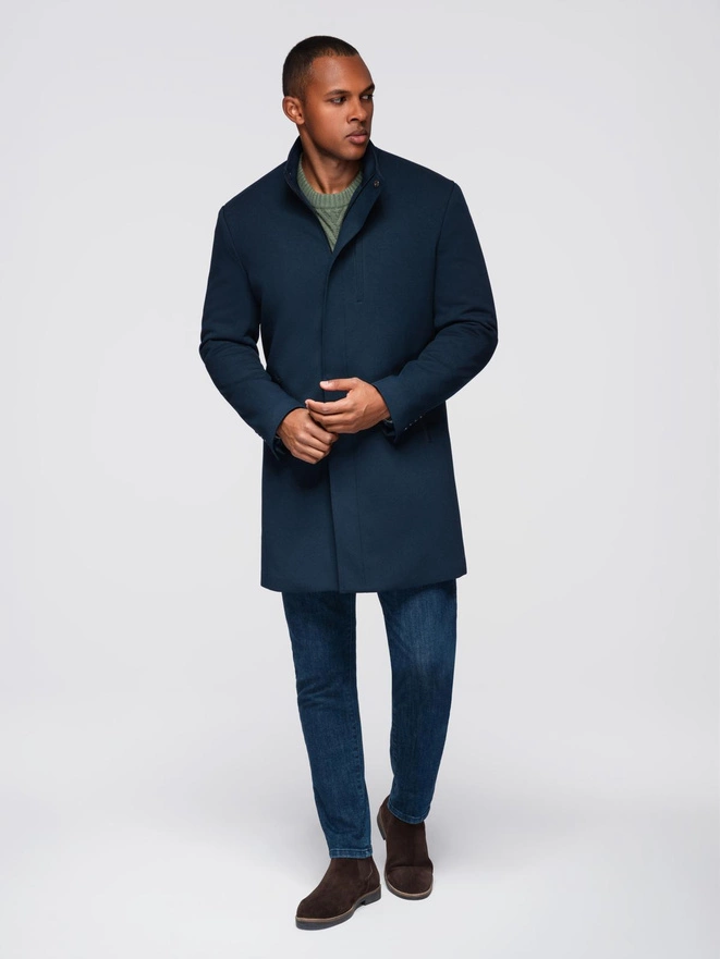 Men's tailored structured coat with high collar - navy blue V2 OM-COWC-0136