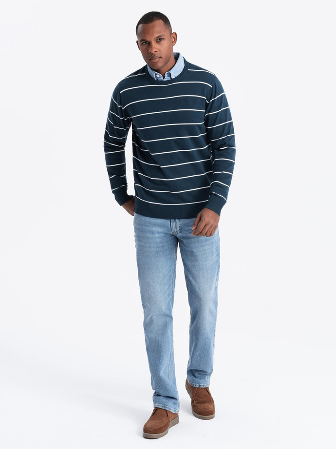 Casual men's sweater with horizontal stripes - navy blue V1 OM-SWSW-0143