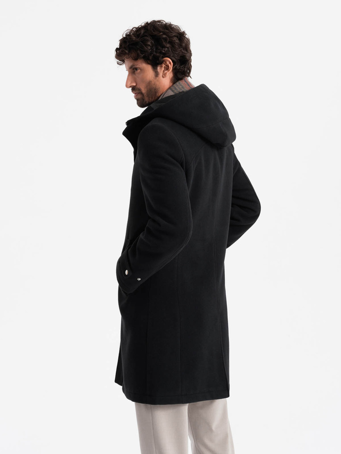 Men's long monochrome hooded coat - black V3 OM-COWC-22FW-005