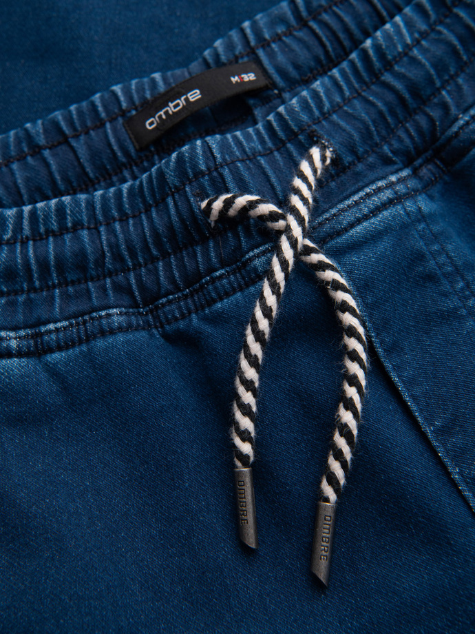 Men's denim jogger pants with drawstring waist - dark blue V3 OM-PADJ-0242