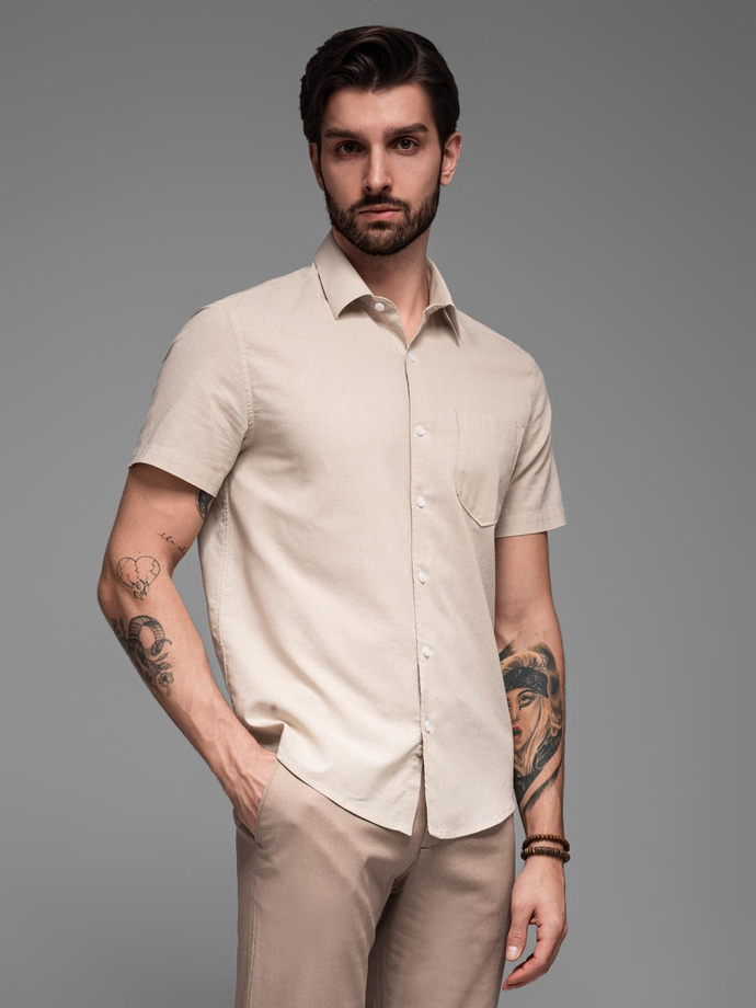 Koszula męska z lnu i bawełny z krótkim rękawem i kieszonką – beżowa V4 OM-SHSS-0167