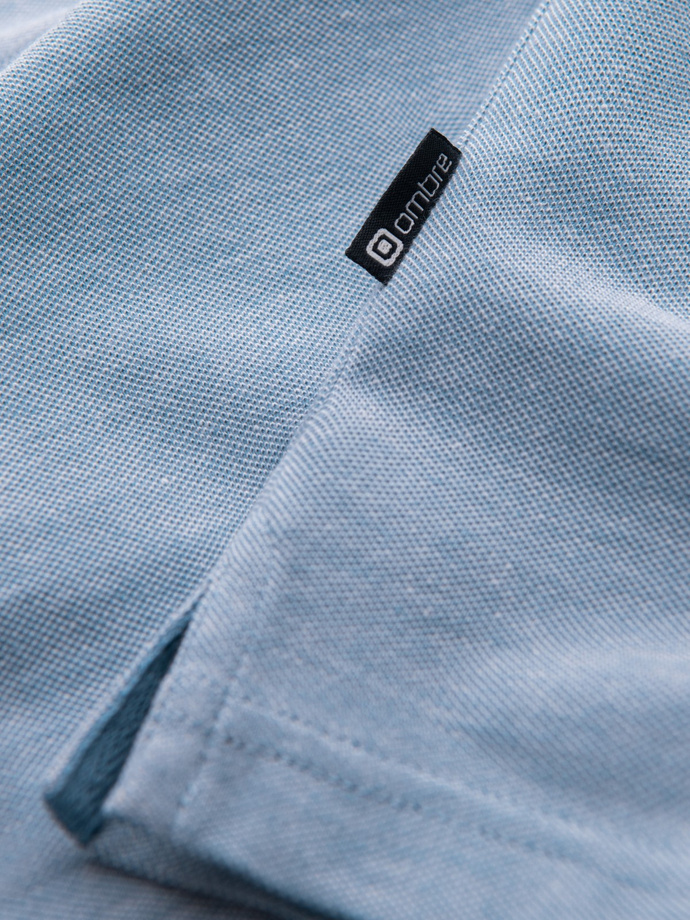 Men's melange polo shirt with striped collar - blue V3 OM-POSS-0109