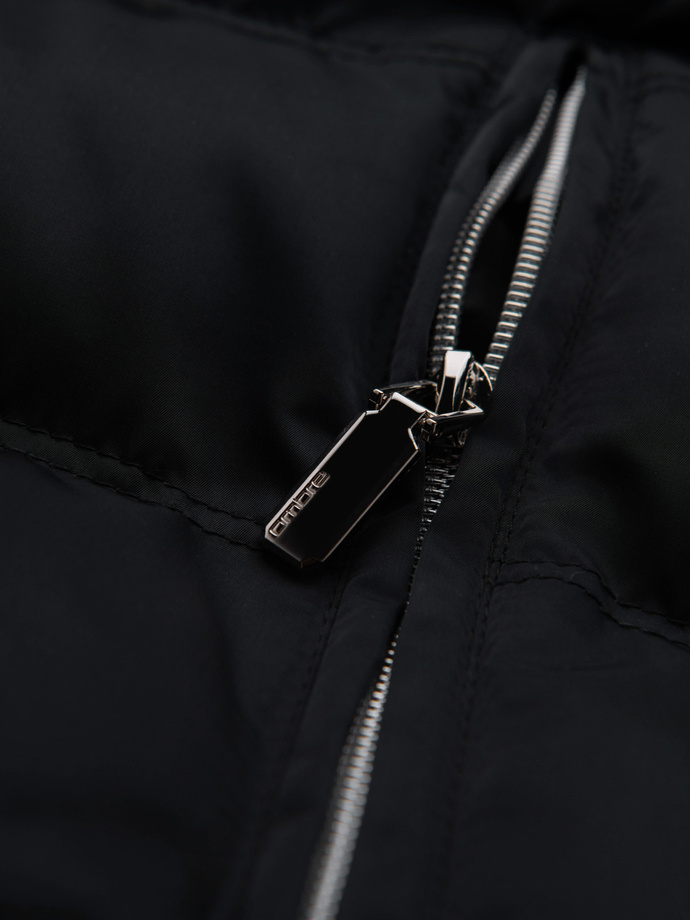 Men's quilted jacket with gloss and stand-up collar - black V1 OM-JALP-0218