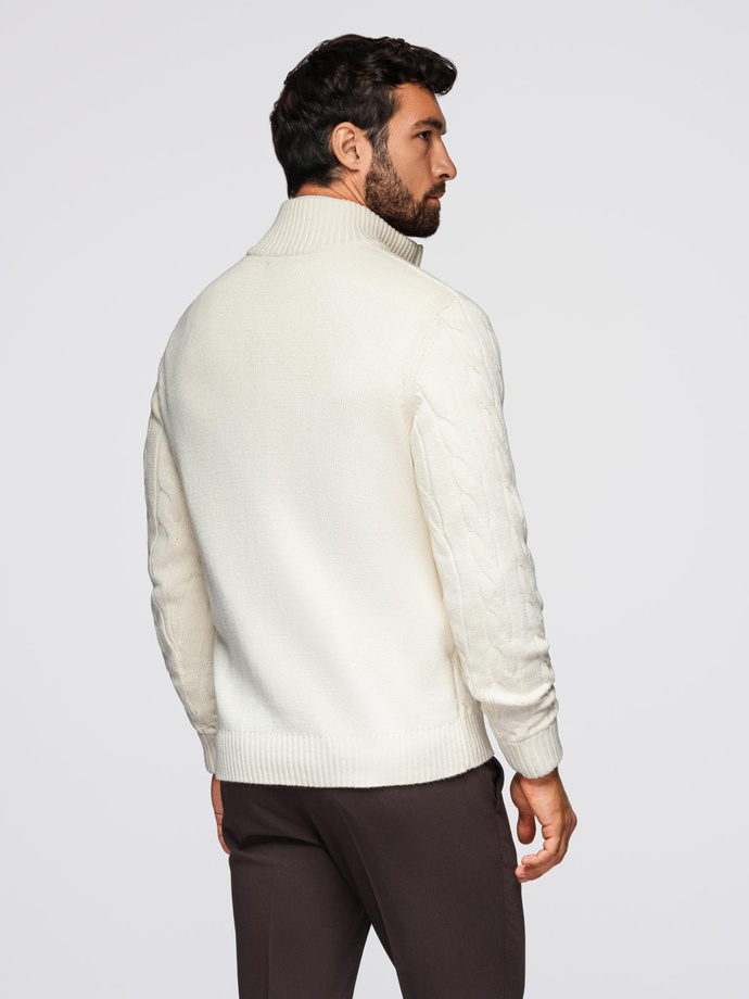 Men's plaid sweater with turtleneck zipper - cream V1 OM-SWZS-0138