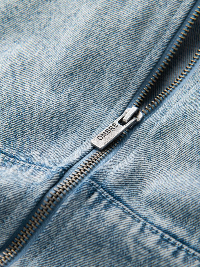 Men's denim bomber jacket with stone wash effect - light blue V3 OM-JADJ-0163