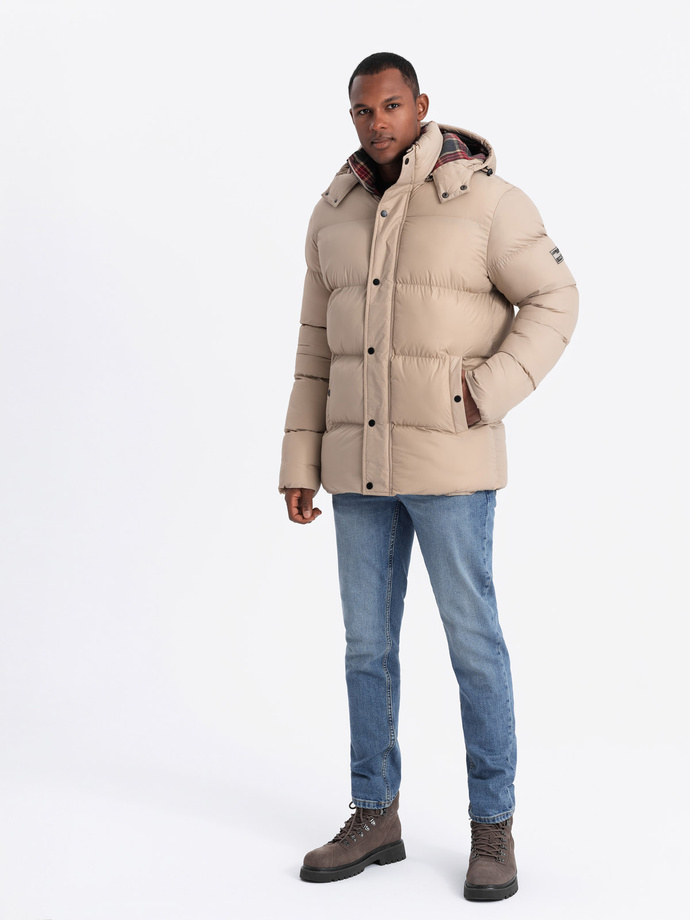 Men's puffer jacket with check lining - beige V2 OM-JAHP-0205