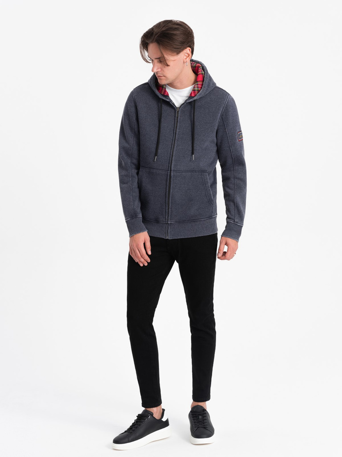 Washowana bluza męska rozpinana z kapturem - granatowa V4 OM-SSDS-0110