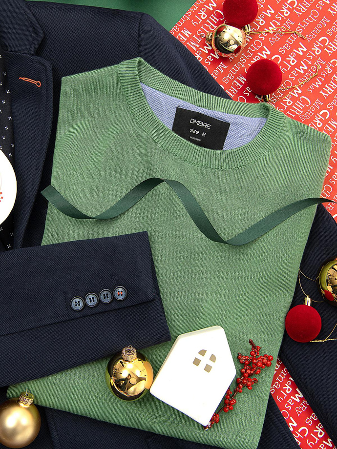 Męski sweter klasyczny z wiskozą BASIC z okrągłym dekoltem – zielony V13 OM-SWBS-0106