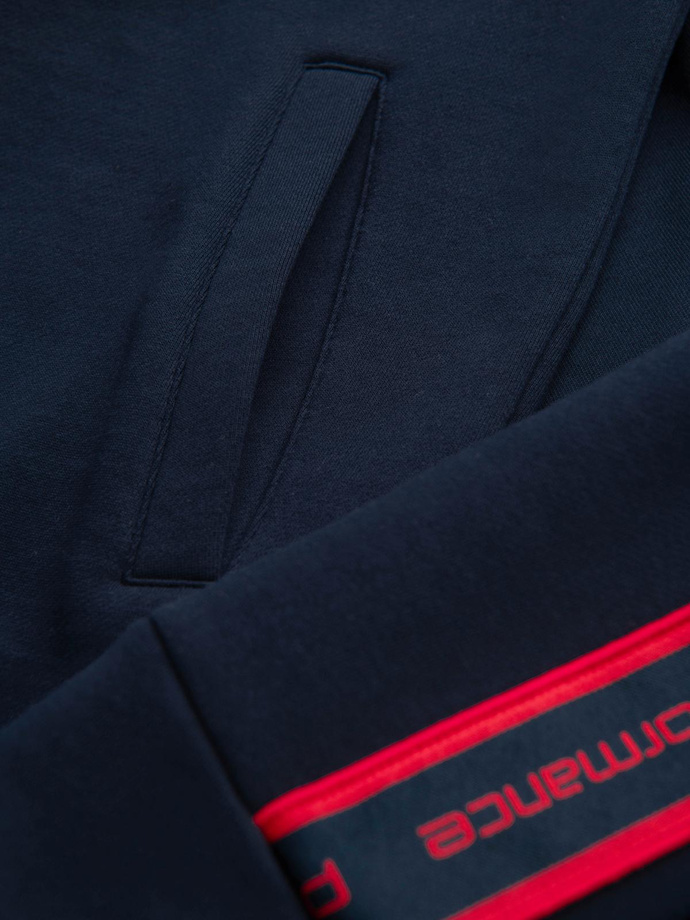 Men's unbuttoned sweatshirt with piping and high collar - navy blue V3 OM-SSZP-0224