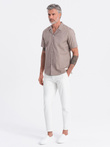 Men's short sleeve shirt with Cuban collar - dark beige V3 OM-SHSS-0168