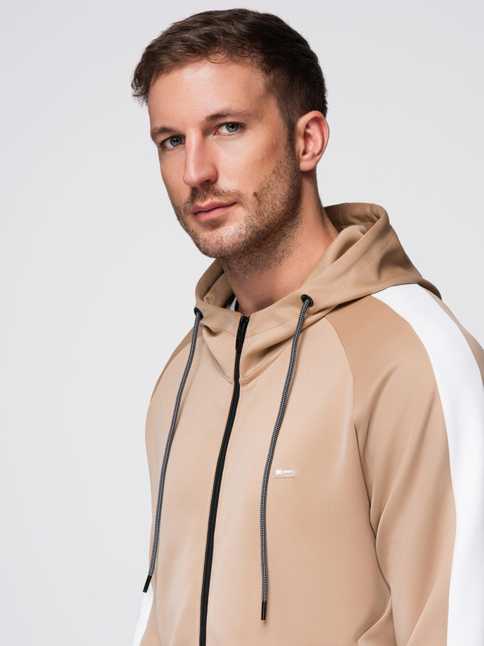 Unzipped men's hooded sweatshirt with piping - beige V4 OM-SSZP-0210