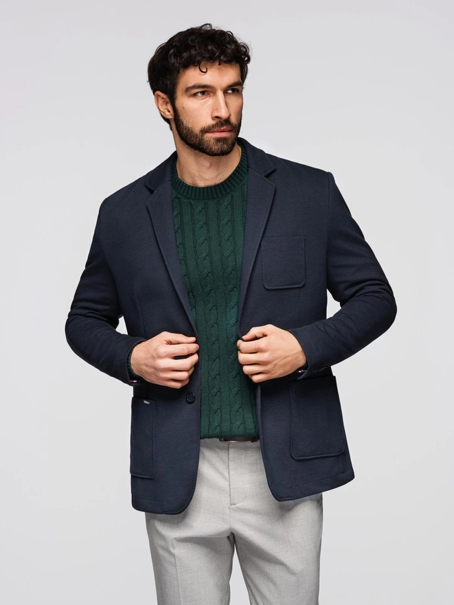 Men's SLIM knit jacket with subtle texture - navy blue V3 OM-BLZB-0101