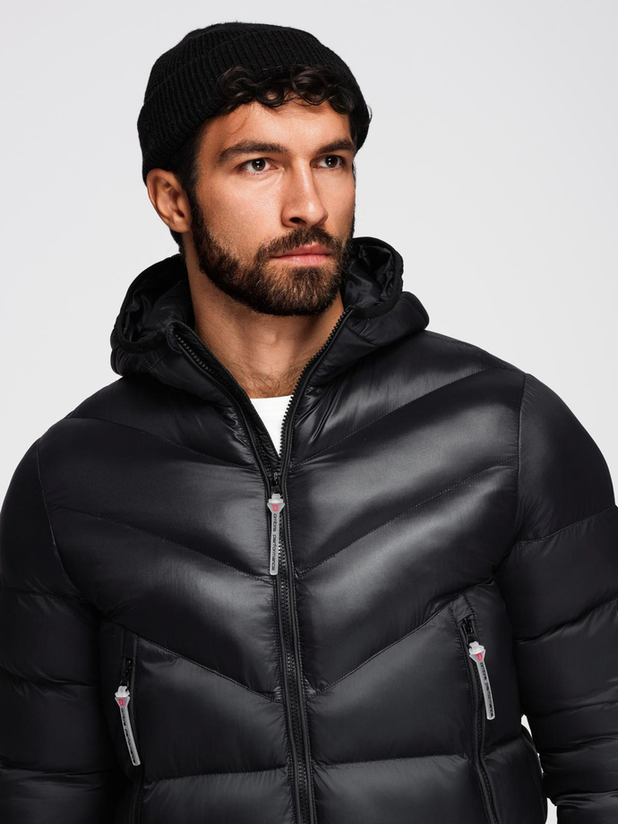 Modern quilted men's jacket of combined materials - black V1 OM-JAHP-0303