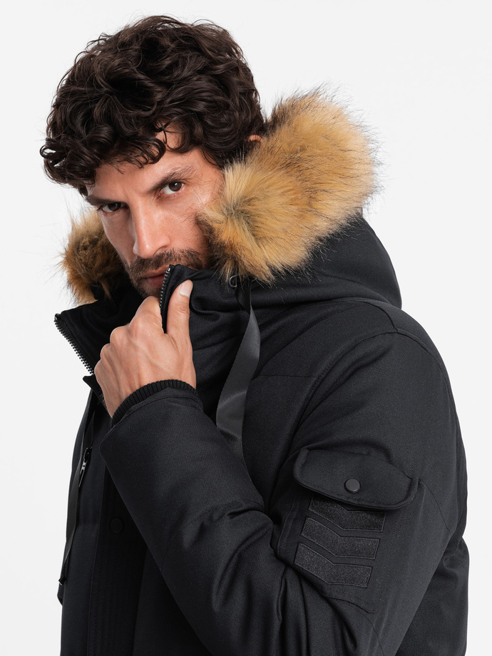 Men's long warm parka jacket with hood - black V2 OM-JALJ-0182