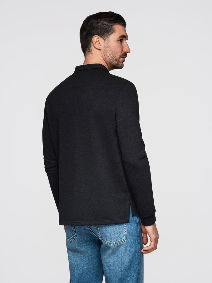 Strukturalny męski longsleeve polo z naszywką – czarny V1 OM-POLS-0131